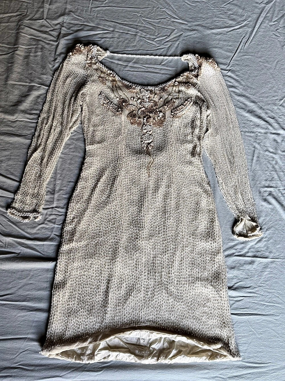 VTG 80s Beaded Sequin Mini Dress in White & Nude